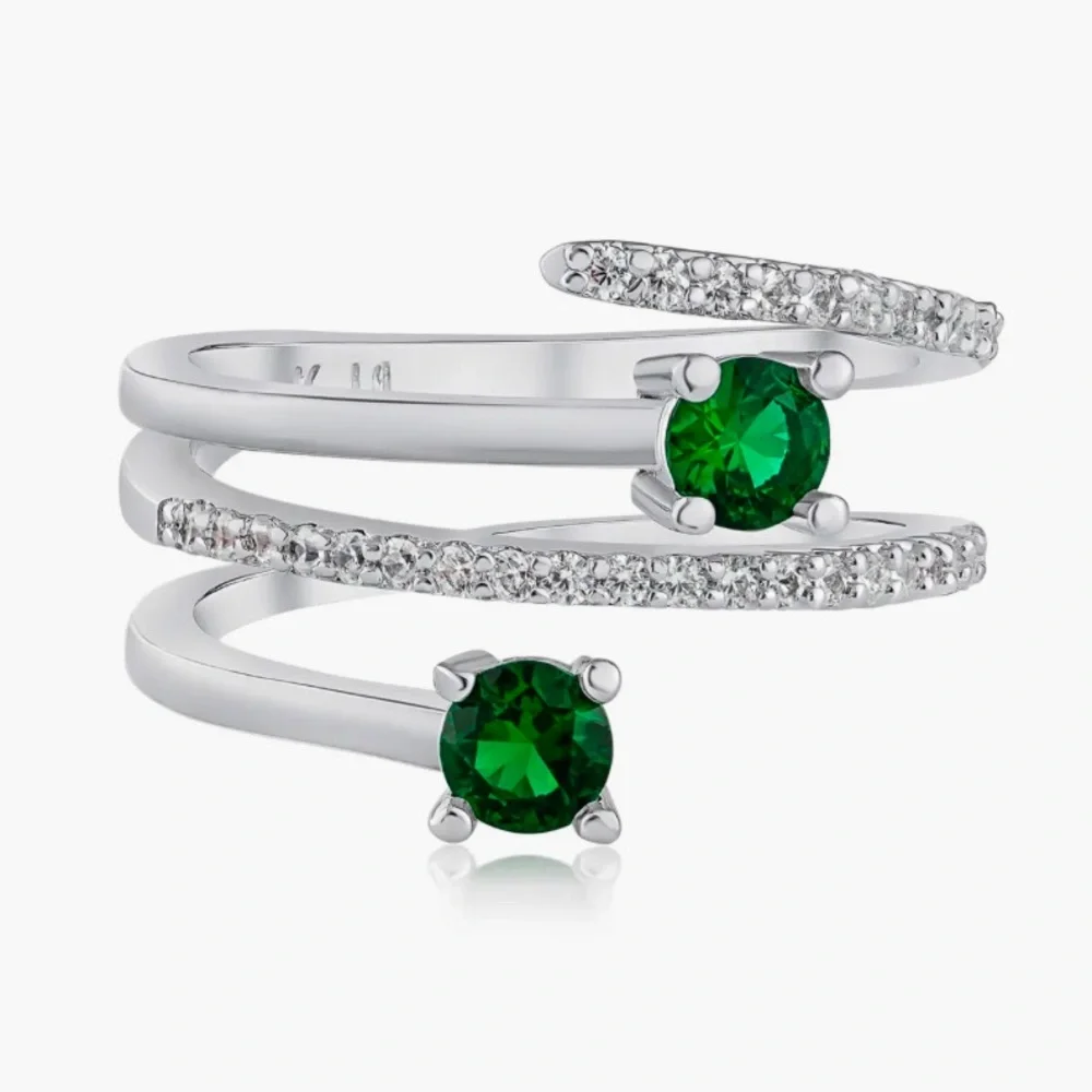 Kenneth Jay Lane Silver Spiral Ring with Emerald Green Crystals - Picture 1 of 8